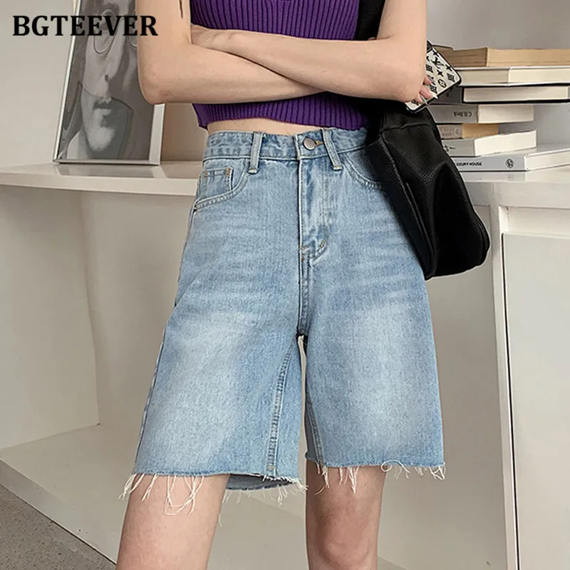 

BGTEEVER Stylish Women Straight Half Jeans Pants 2021 Summer Loose Female Denim Shorts Casual High Waist Tassels Ladies Shorts