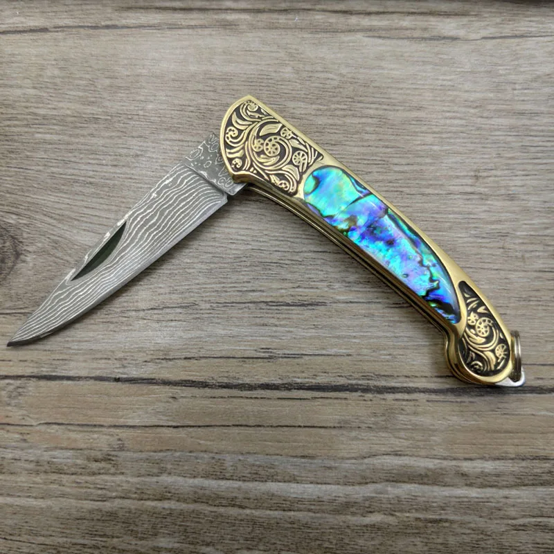 

Big Size Handmade Damascus Steel Blade Pocket Folding Knife Yellow Brass +Abalone Shell Handle Utility Knife