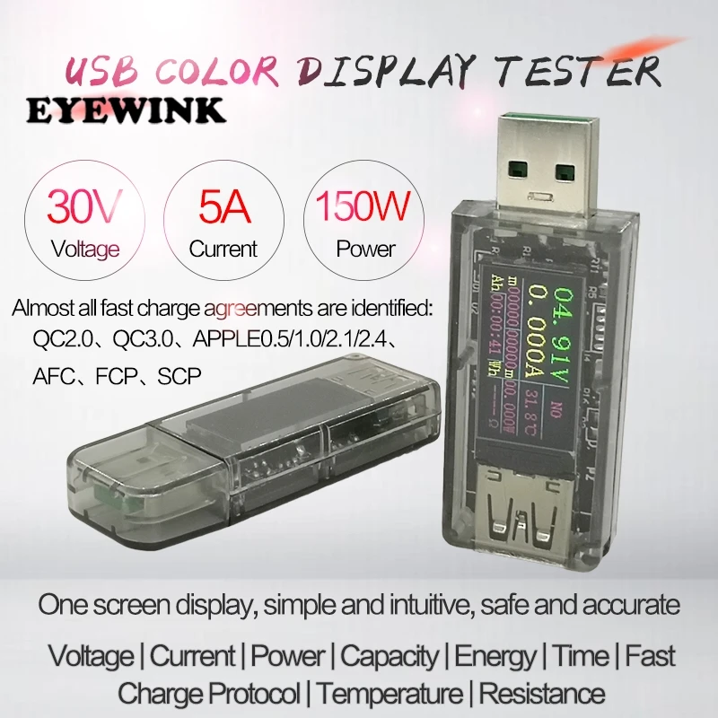 DC Цифровой 30 в 5A USB тестер Напряжение Ток Мощность измеритель QC 2 0 3 FCP AFC DCP детектор