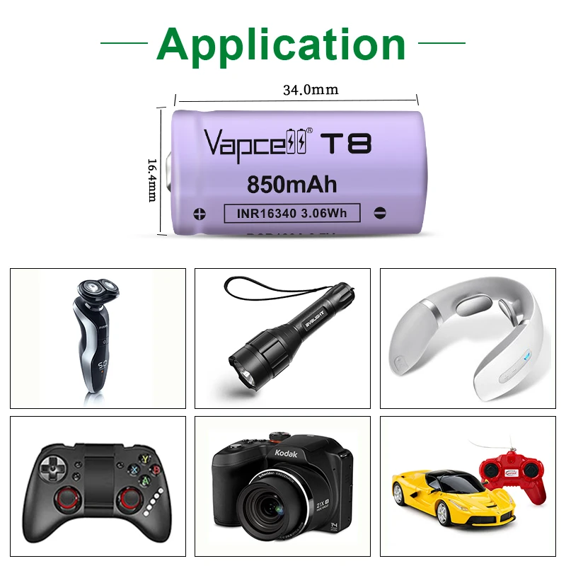 Vapcell оригинальный 16340 850 мА/ч 3A T8 заряжаемый литий-ионный аккумулятор 3 7 в
