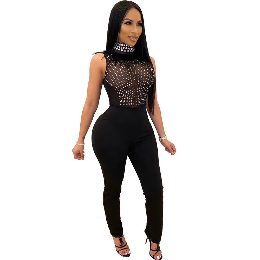 Стразы с бриллиантами праздвечерние чный комбинезон перьями Женский сетчатый