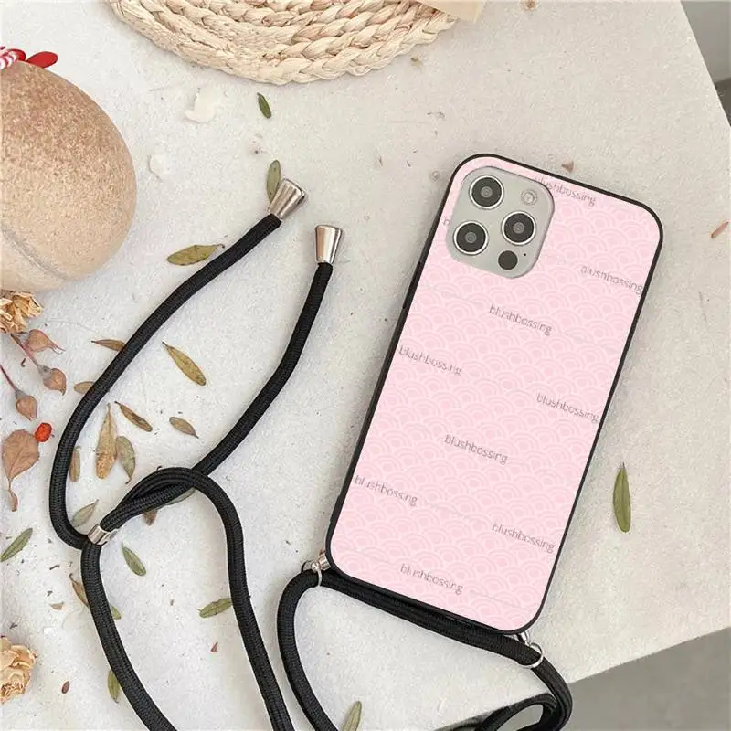 

pink Blush Bossing Phone Case For iPhone 7 8 11 12 X XS XR MINI Pro Max Plus Strap Cord Chain Lanyard soft