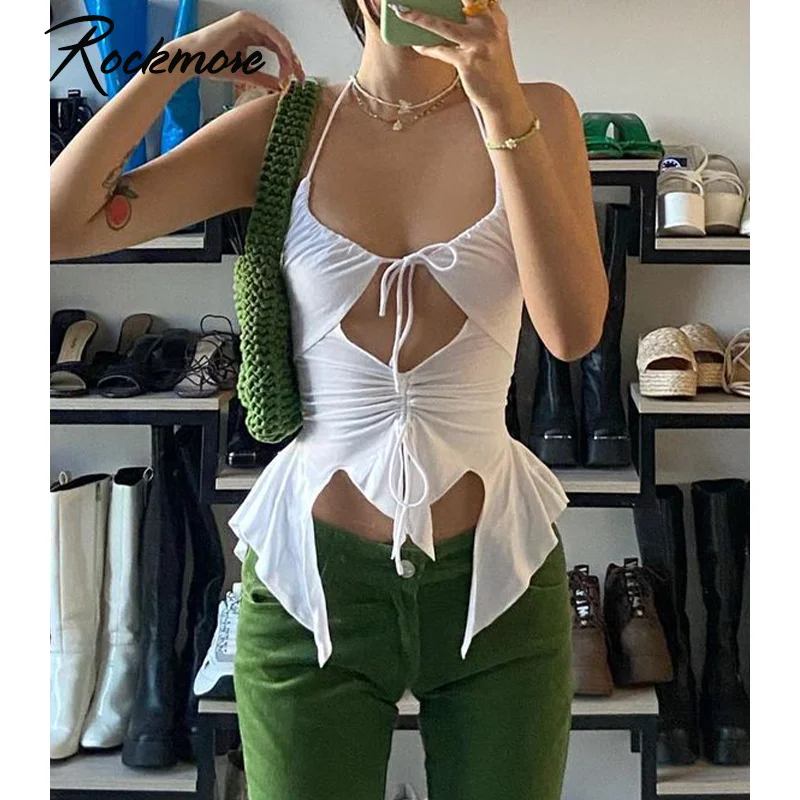 

Rockmore Sexy Hollow Out Corset Top Halter Tie Up Crop Top Backless Shirring Camis Summer Party Clubwear Goth Black Tanks