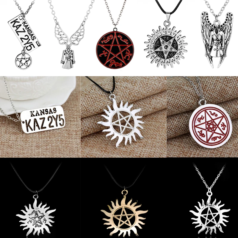 

Supernatural Necklace Dean Sam Angel Castiel Wing Pentacle Pentagram License Plate Amulet Pendant Women Men Statement Necklaces