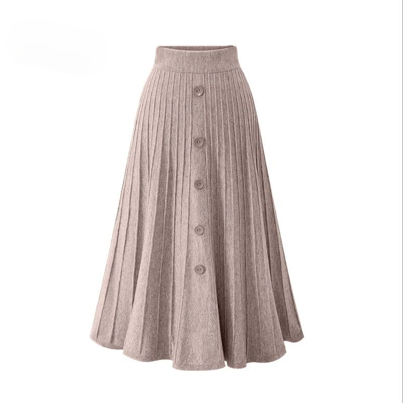 

Single-breasted High Waist Knitted Ladies Pleated Skirt Women's Mid-length Skirt Loose Plus Size Skirt Autumn Winter New Fashion