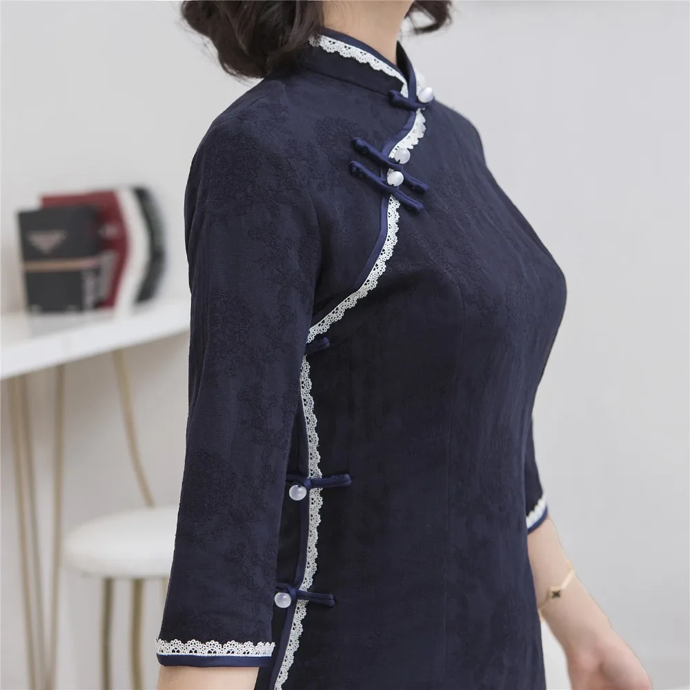 Шанхай история Половина рукава по колено cheongsam платье хлопок лен Винтаж Ципао китайское платье китайский стиль платье для женщин