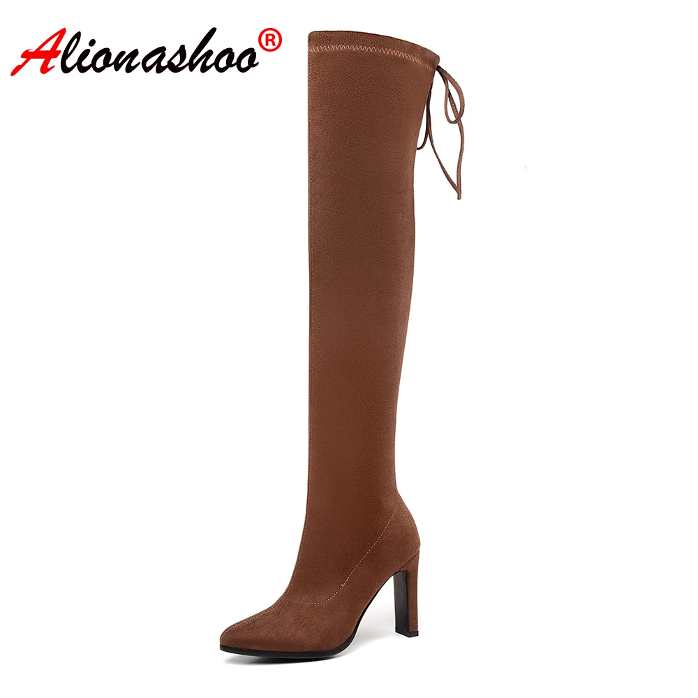 Женские Стрейчевые сапоги Черные облегающие высокие до бедра на высоком каблуке