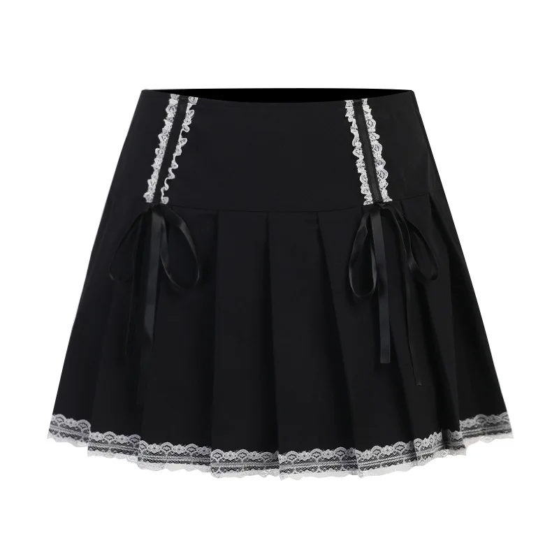 Женская плиссированная мини-юбка выше колена, черная Однотонная юбка в готическом стиле с высокой талией и кружевом, одежда в уличном стиле ...
