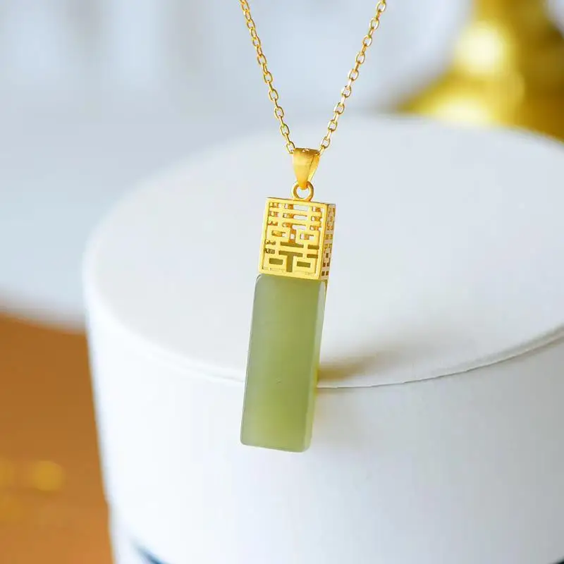 

Natural S925 Sterling Silver Hetian Gray Jade Double Happiness Lucky Pendant Pendant Ancient Gold Craft Inlaid Vintage Silver