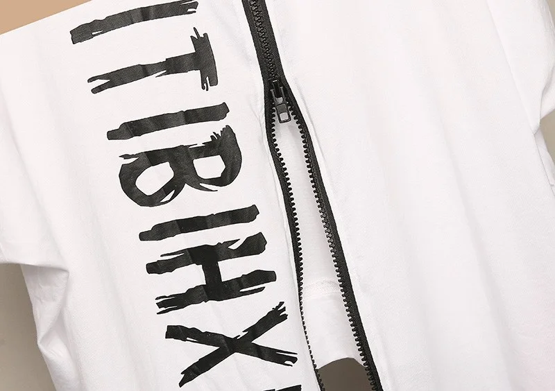 

QING MO White Letter Print Women T-shirt 2021 Summer Irregular Female T-shirt Zipper Decoration Plus Size Ladies Tops QYF317A