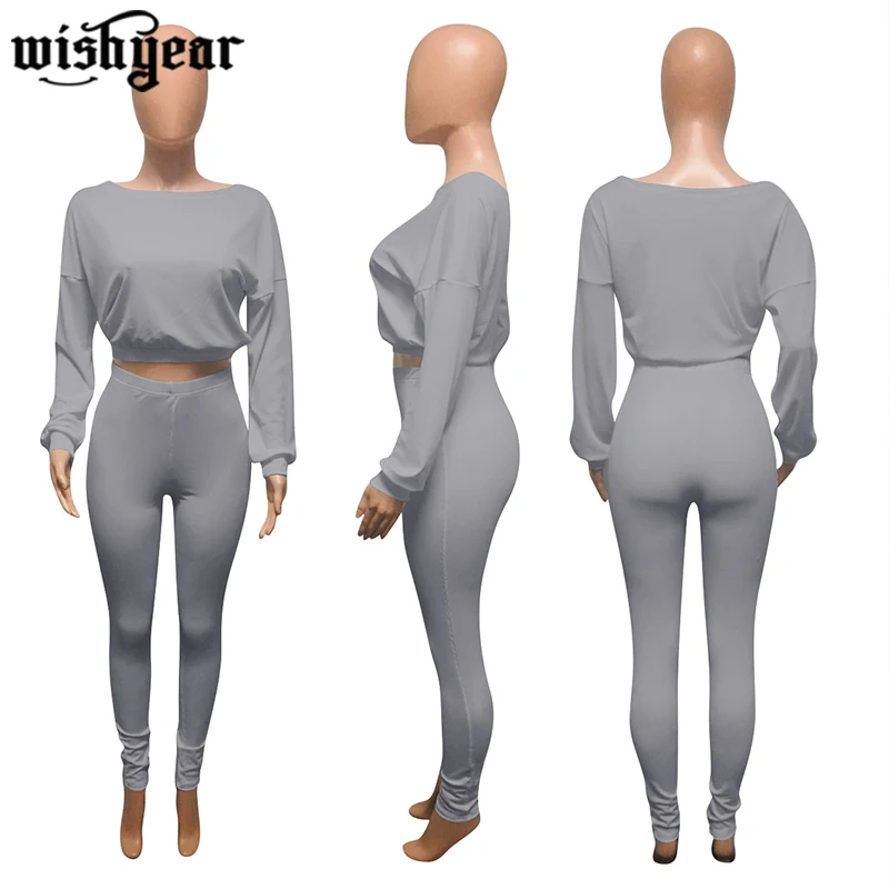 

Knitted Ribbed Tracksuit Solid Color Long Sleeve Top + Pencil Pants Casual Women's 2 Piece Set Fitness Outfits Plus Size S-XXL