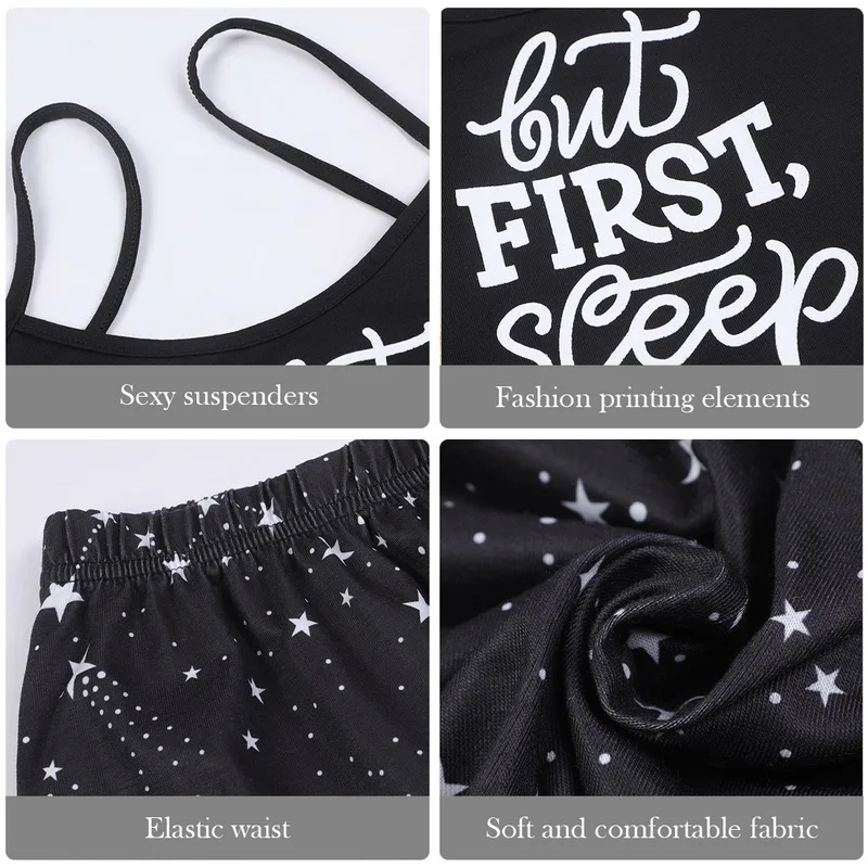 

Letter Print Sleepwear Home Suit Summer V Neck Sexy Pyjamas Women Spaghetti Strap Loose Pijama Satin Homewear Pyjama