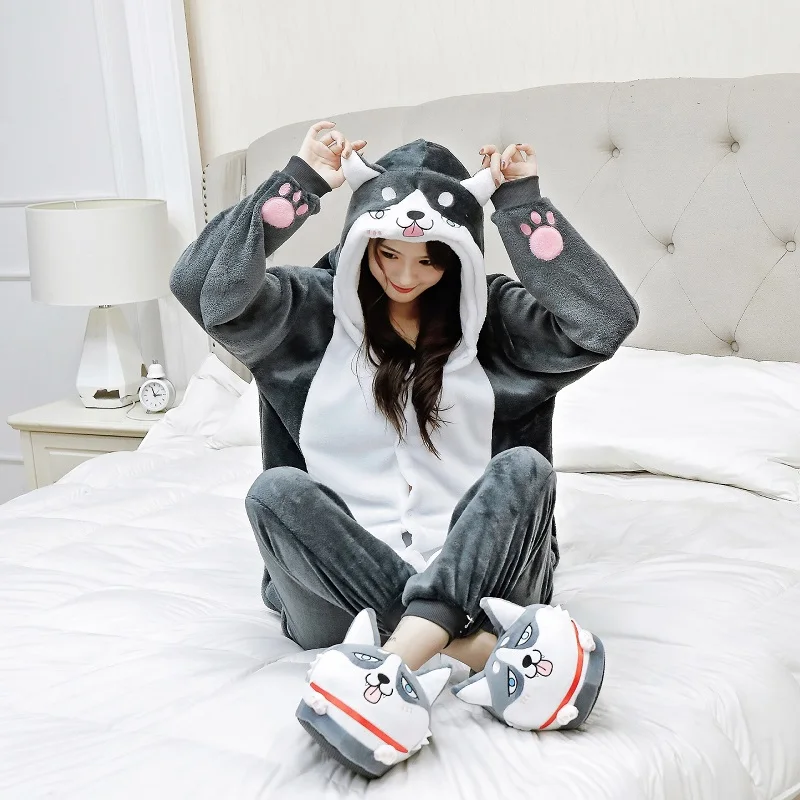 Set Kigurumi Adult Women Men Animal Corgi Pajamas Flannel Cartoon dog Cosplay Onesie corgi Warm Winter pijama