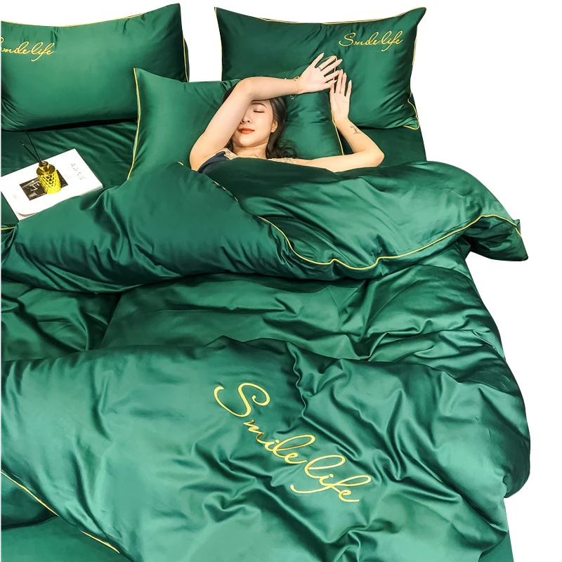 

2020 New Home Textile Bedding Set Luxury embroidered satin Quilt cover bed sheet pillowcase for king queen size Bed duvet covers