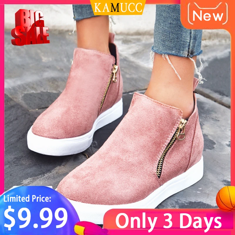 

2019 Woman Casual Shoes PU Leather Within The Higher Pure Fashion Side Zipper Sneakers Anti Skid Outsole Ladies Shoes