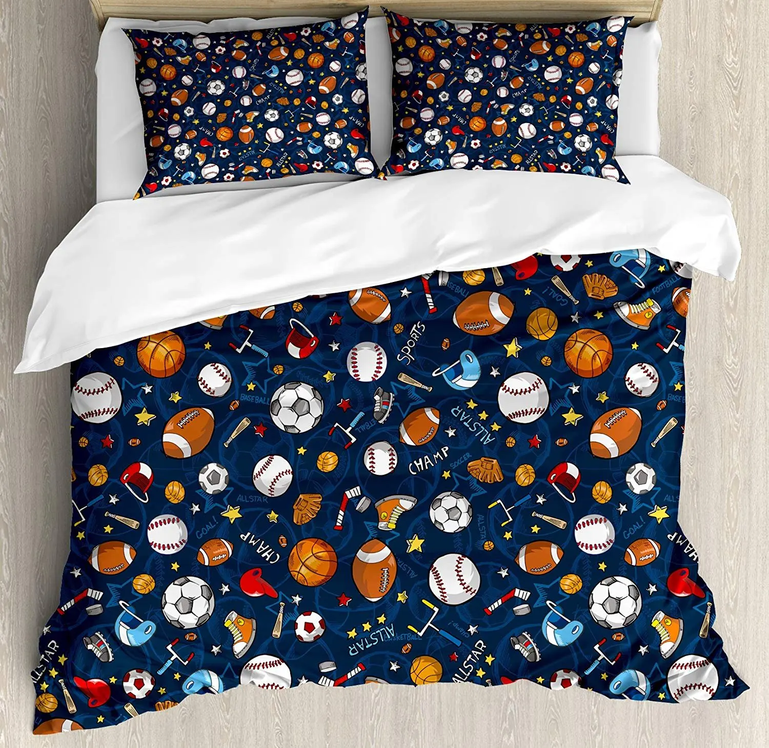 

Sport Bedding Set Many Basketball Baseball and Football Icons Champ Gloves Dark Background Duvet Cover Set Pillowcase for Home