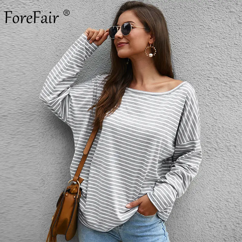Forefair футболка в полоску для женщин осенний топ с открытыми плечами повседневные свободные размера плюс круглый вырез хаки серый черный длинный рукав рубашки - Цвет: Gray T Shirt