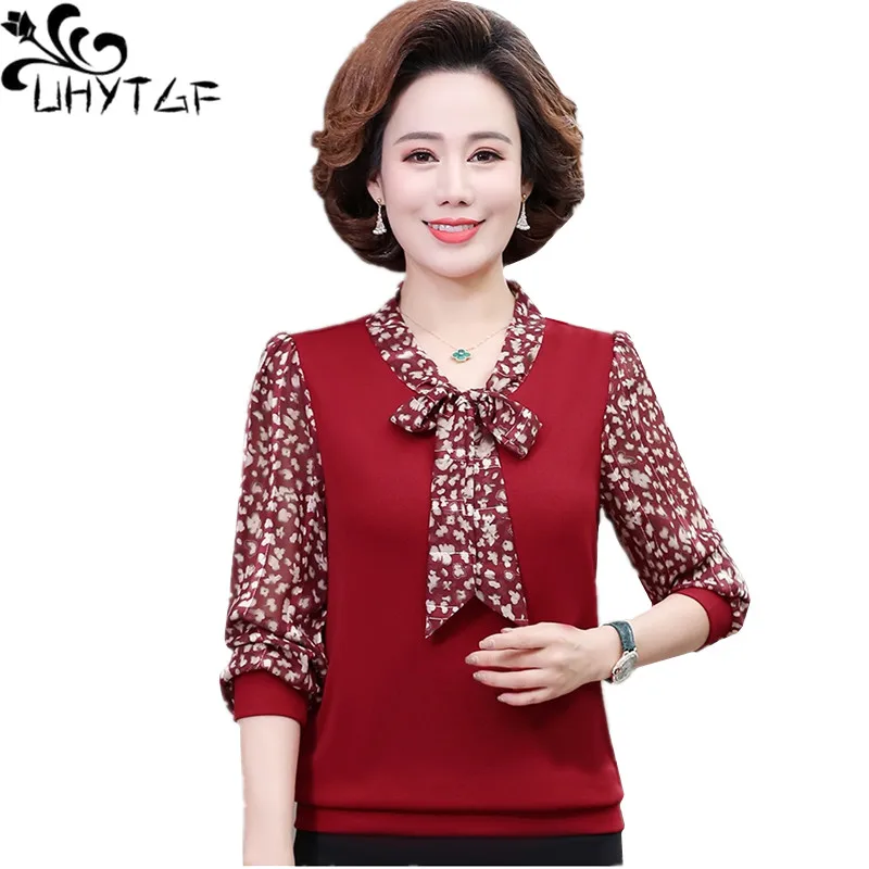

UHYTGF Mom Autumn Blouses Printed Long-Sleeved Thin Chiffon Shirts Women's Middle-Aged Elderly Female 5XL Loose Size Tops 1756