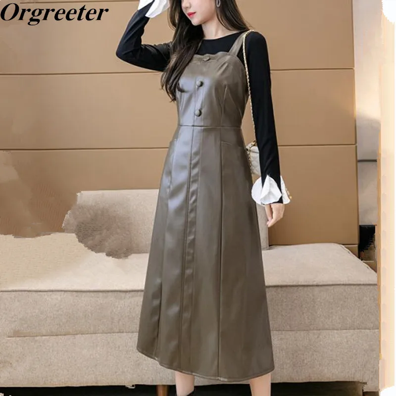 

Winter New PU Leather Dresses for Women Temperament Ladies Suspenders Slim Pu Mid Dress Button Deco A-line Vestidos