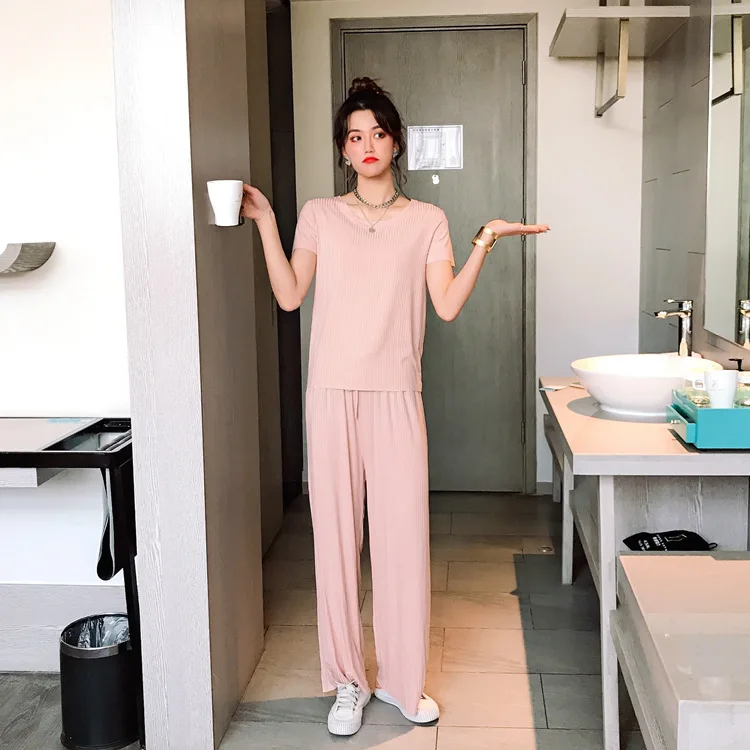2021 Summer Thread Cotton Short Sleeve Trousers Home Suit Pajamas Women's Wide Size Nightgown 2Pcs Set Nightwear Sexy Sleepwear