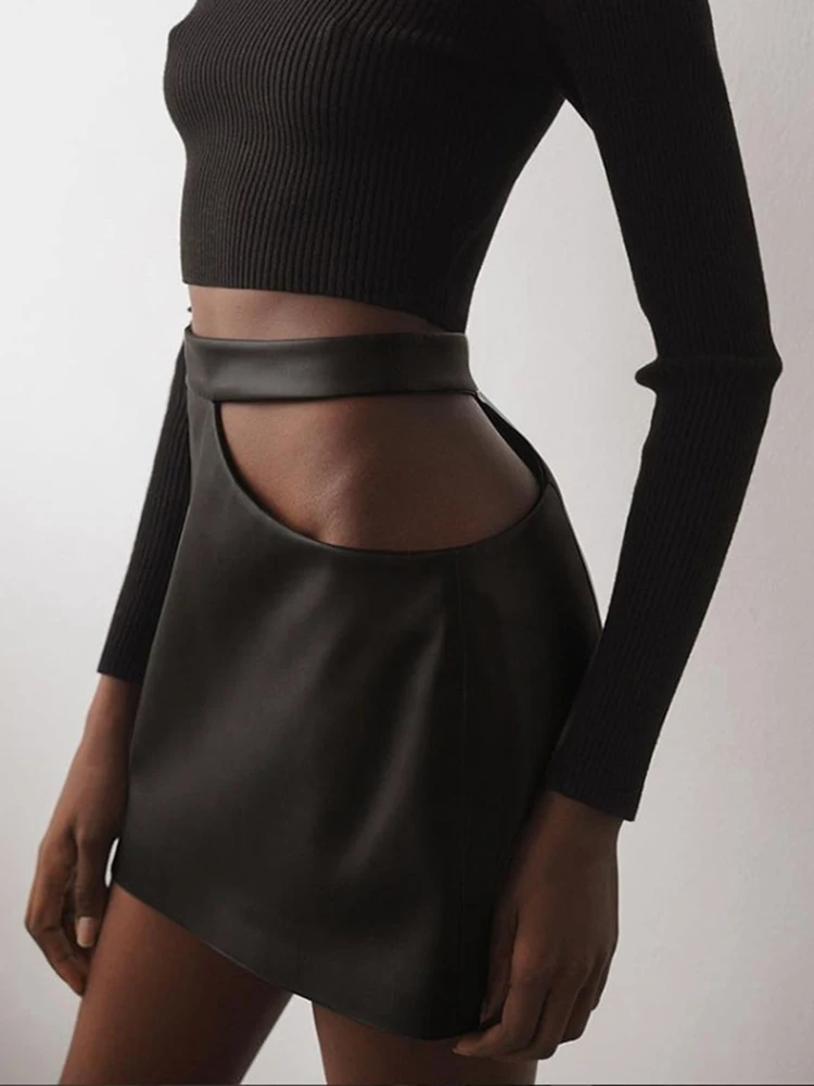 

Юбка-трапеция на молнии Y2K, черная юбка из искусственной кожи с высокой талией, Женская Весенняя уличная пикантная мини-юбка с вырезами, 2022