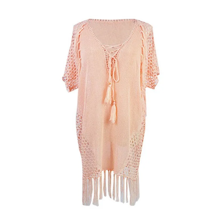 

Knitted Tassel Sexy Hollow Chest Strap Beach Dress Bikini Cover Up Mini Dress Women