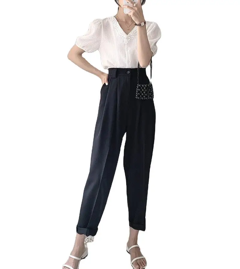 

2021 Summer OL Women's Pants Vintage Grey/White/Black Pleated Trouser Suits High Quality Female Pantalones