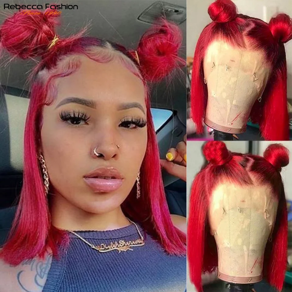 Ombre Red Bob Wigs Human Hair 13x1 Lace Front Pre Plucked Wigs Middle Part Bleached Knots With Baby Hair 99J Wig 180% Density