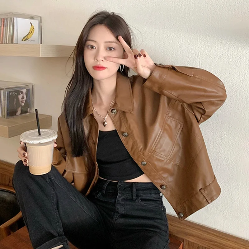 Brown Leather Coat Women's Spring and Autumn Winter 2021 New Small Motorcycle Jacket Pu | Женская одежда