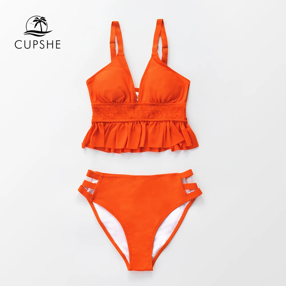 CUPSHE оранжевый Smocked гофрированный пикантный комплект бикини купальник Tankini купальник из двух частей для женщин пляжные купальные костюмы Biquinis