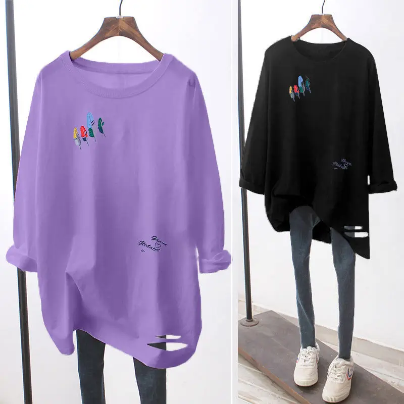 

2021 New Large Size Women's Clothing Korean Style Loose Casual Long Sleeves T-shirt Women's Pullover round Neck Mid-Length Top