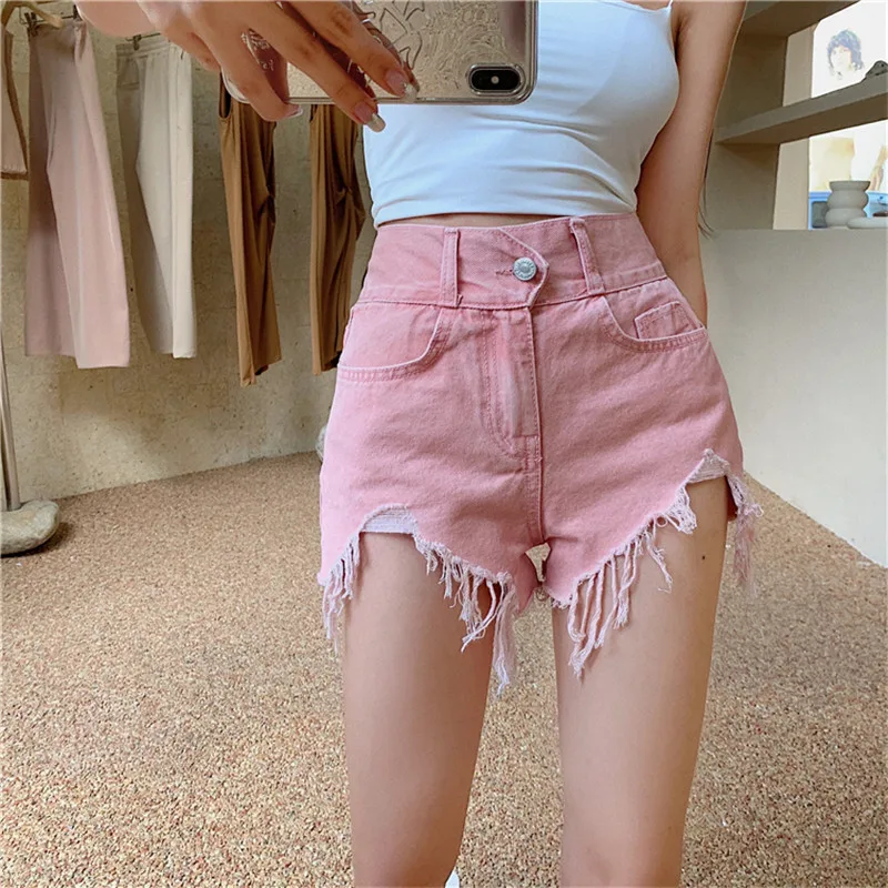 

Sexy pink denim hot trousers irregular raw edge shorts fashion high waist jeans fringed pink color short jeans