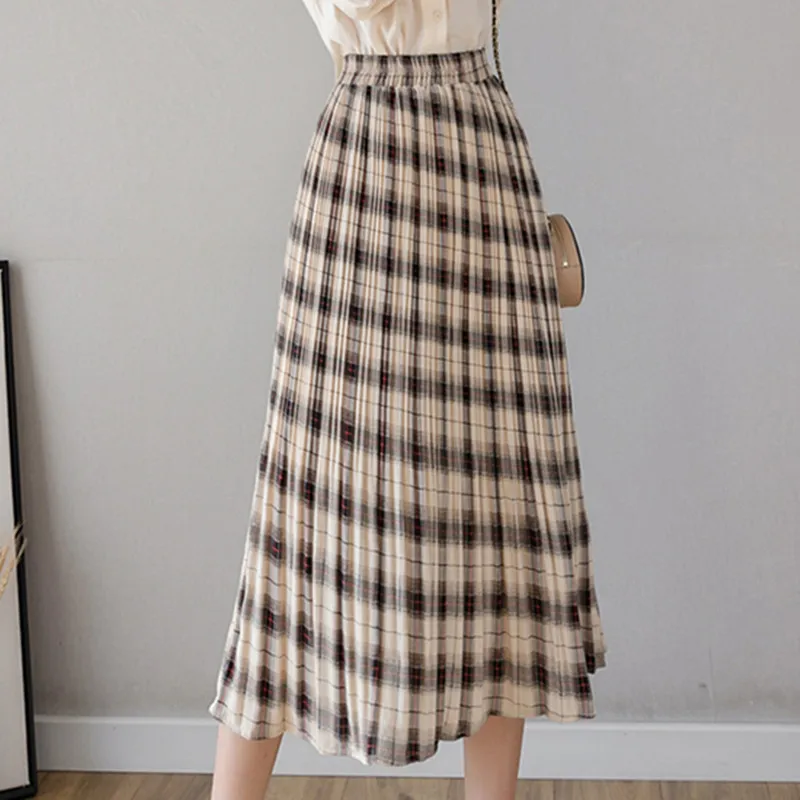 

Plaid Elegant High waist Chiffon A-line pleated women Skirt 2021 spring Summer new Casual Vintage Mori girl long Skirt All-match