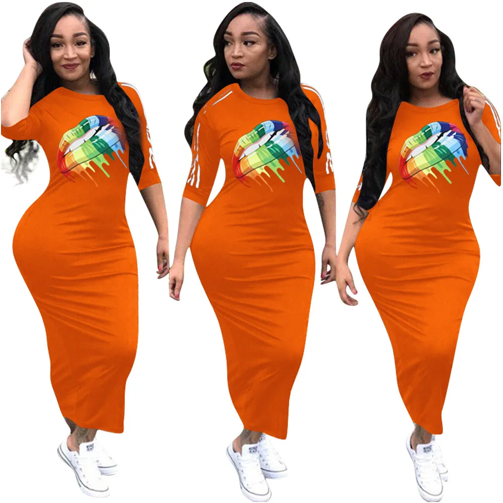 Повседневное Для женщин Bodycon платье летние модные разноцветные радужные губы офсетная печать обхват талии, обхват бедер, ужин платья для Для женщин vestidos mujer - Color: -6