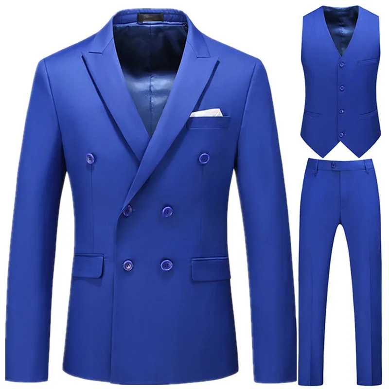 

3 PCS Blazers Pants Vest / Fashion New Men's Casual Double Breasted Suits Sets / Business Solid Color Jacket Coat Trousers