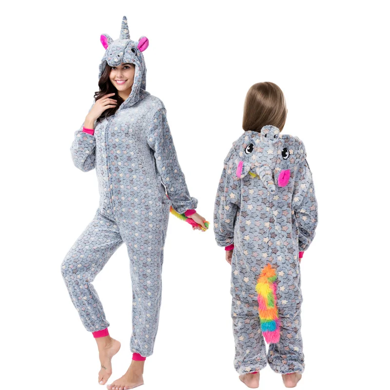 Gray Stars Unicorn Kigurumi/пижамы с единорогом для взрослых и детей; Одинаковая одежда для семьи с изображением животных для мамы и дочки; зимние фланелевые пижамы для женщин и детей - Цвет: Gray Stars Unicorn