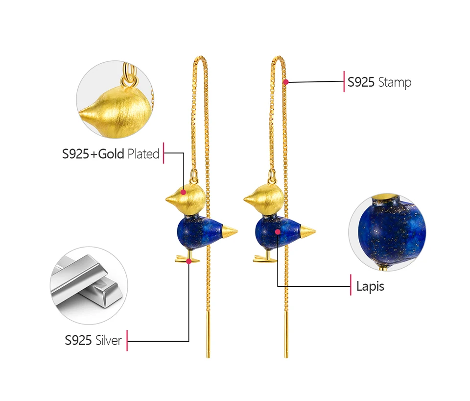 Lotus Fun реальные 925 пробы серебра, природных драгоценных камней ручной работы Fine Jewelry прекрасная птица простой подвесные Сережки для Для женщин