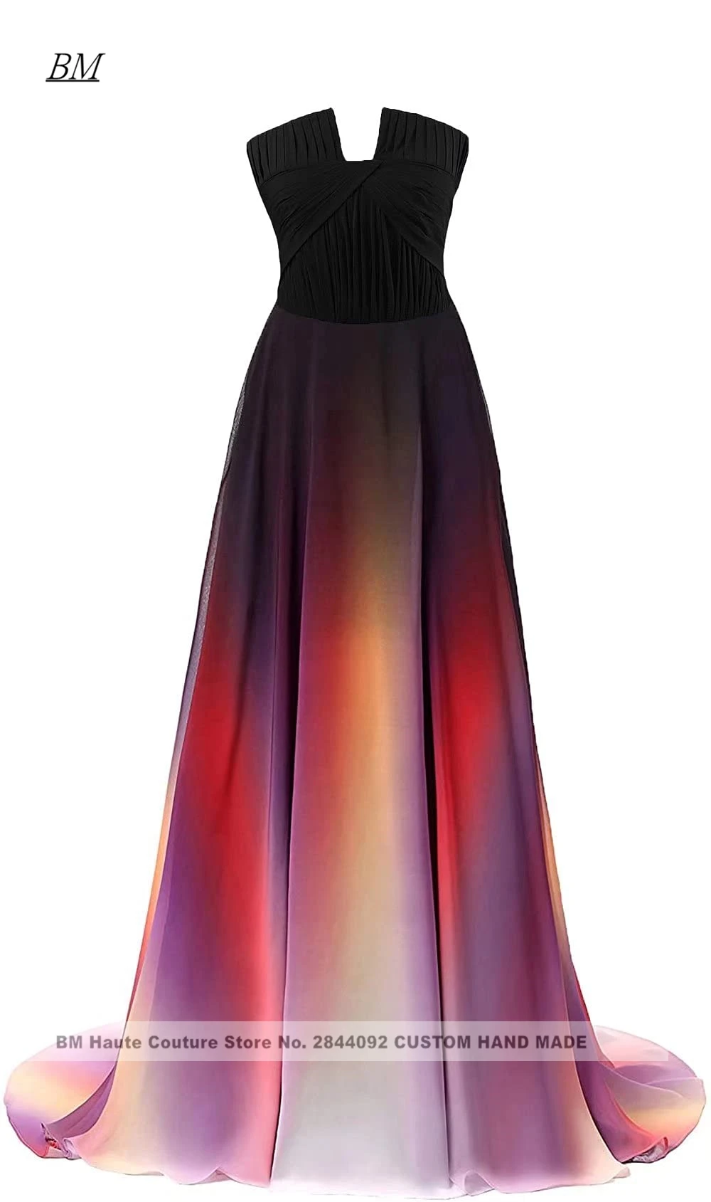 Фото Robe De Soiree Черные платья для выпускного вечера с градиентом Длинные шифоновые вечерние платья с v-образным вырезом и эффектом омбре Плиссированное платье с кристаллами HC63 №3