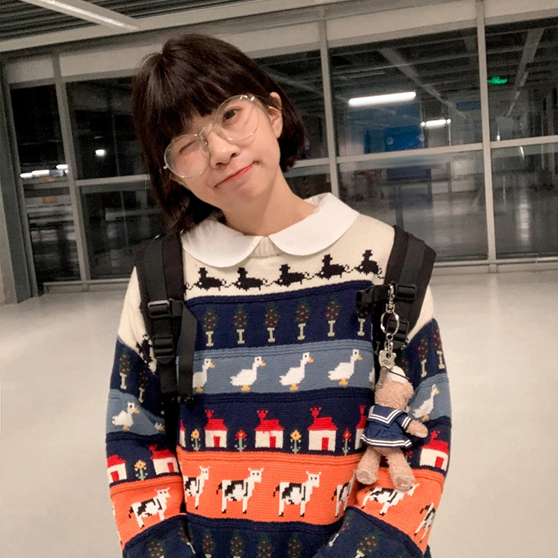 Autumn Japan Vintage Women Winter Pullover Sweater Animal Jacquard Ladies Loose Knitted Jumpers Thick Warm Long Sleeve | Женская одежда
