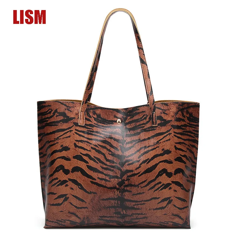 Осенняя леопардовая женская сумка тоут LISM из искусственной кожи вместительная