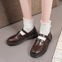 2021 round toe small leather shoes fashion womens shoes college style uniform shoes one word buckle single shoes black loafers