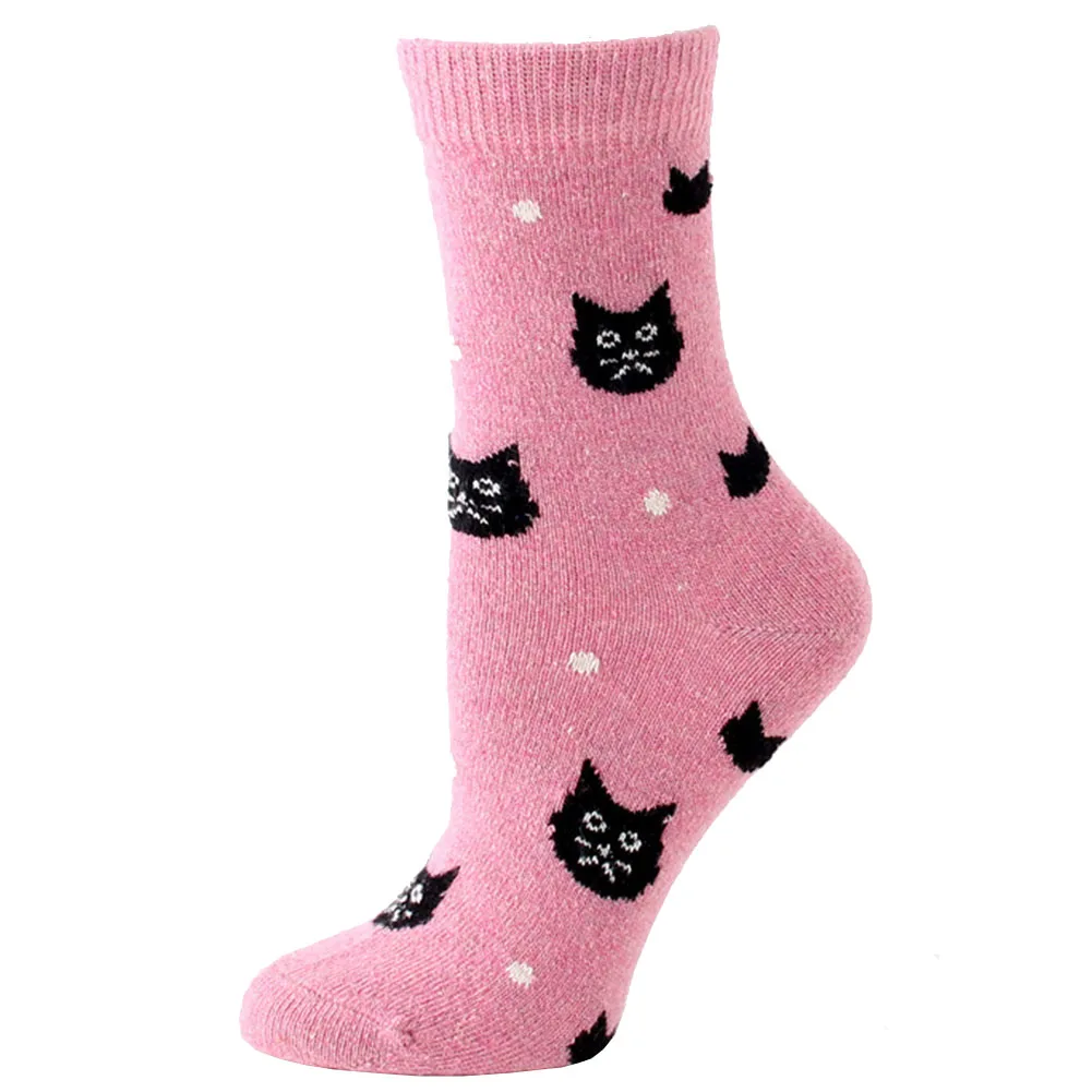Winter Warm Thermal Wool Cashmere Socks for Women Fashion Casual Thick Cartoon Cat Cotton Mid Calf Cartoon Socks Pack