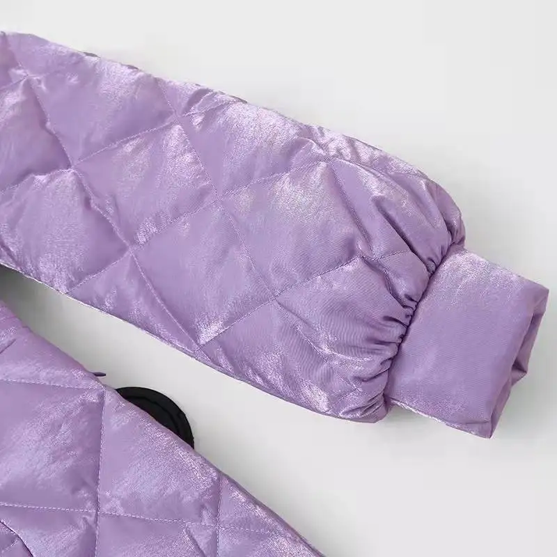 2021 Winter Mid-Length Cotton Coat Women Cheongsam Collar Elegant Vintage Disc Button Ruffle Lantern Sleeve Purple Cotton Jacket