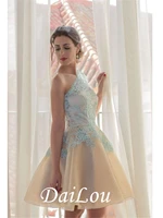 elegant appliques beaded champagne short above knee mini tulle one shoulder formal homecoming dresses prom dresses gowns 2021