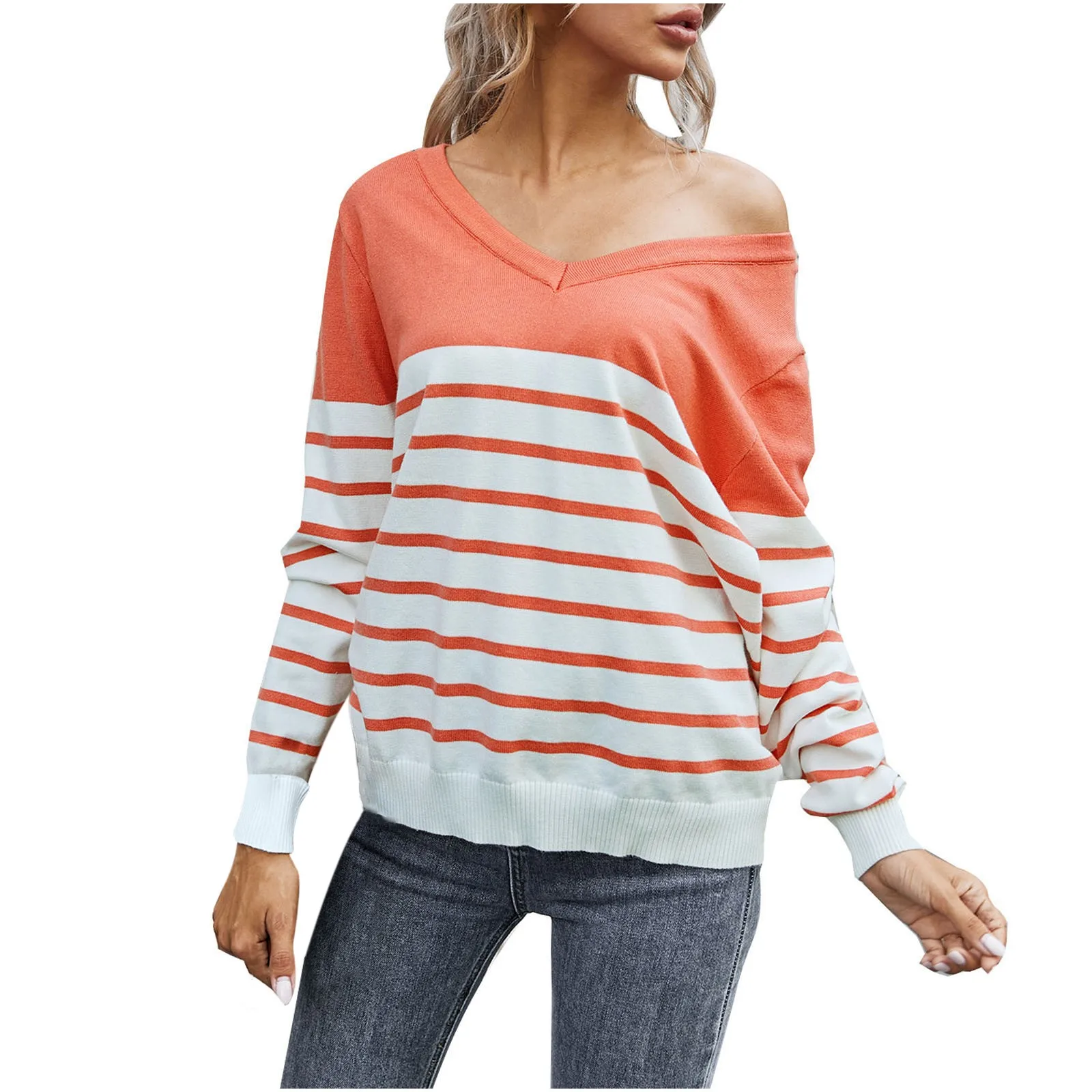 

Womens Casual Long Sleeve Sweater Stripe Print Color Block Loose Pullover Tops Comfortable High Quality Mujer Suteres