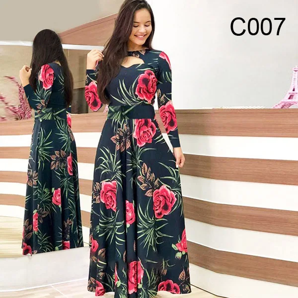 

S- 5XL Plus Size Elegant Spring Autumn Tunic Women Dress 2020 Bohmia Flower Print Maxi Dresses Fashion Hollow Out Long Vestidos