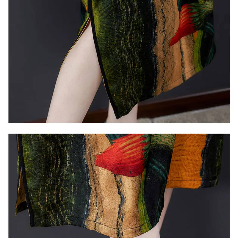 

2021 Summer High Quality Mulberry Silk Dress Fashion Vintage Print 4XL Plus Size Vintage V-neck Slim Dress Elegant Women Vestido