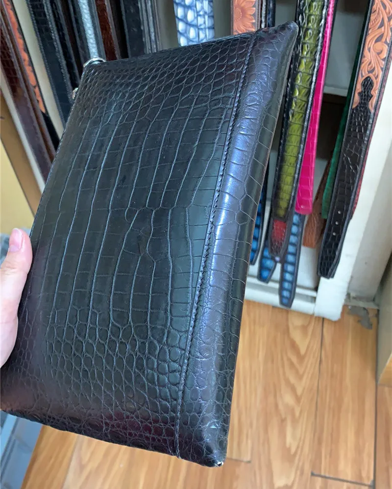 Натуральная крокодиловая кожа живота застежка-молния мужской черный тонкий