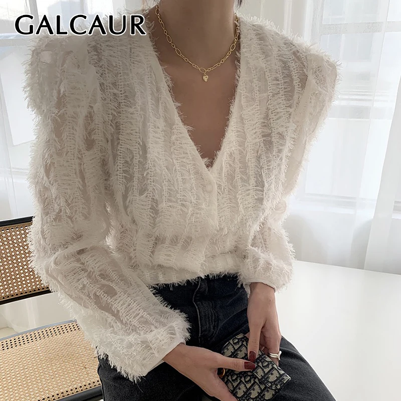 

GALCAUR Patchwork Tassel Button Up Shirt For Women V Neck Long Sleeve Solid Straight Blouses Female Korean Fashion Clothing 2021