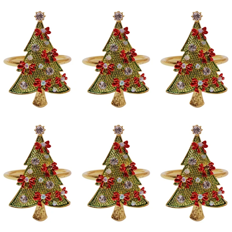 

Christmas Tree Napkin Rings Set of 6 Holiday Table Decor Xmas Gift Winter Wedding Favors with Bows Accessories